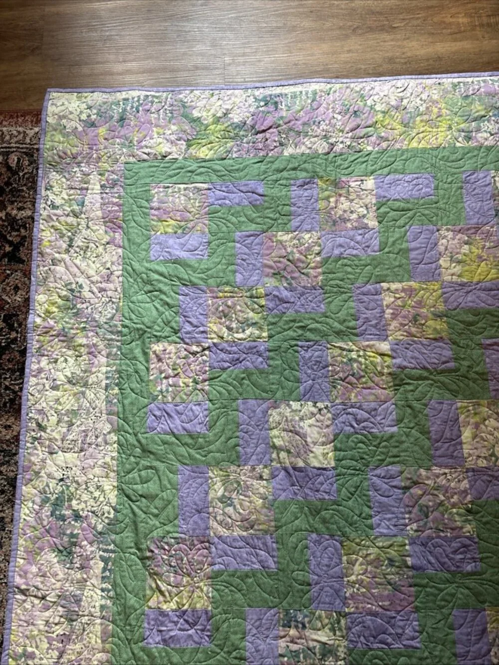 Homemade Modern King Quilt Green & Purple Size 100 X 92 Nine Patch